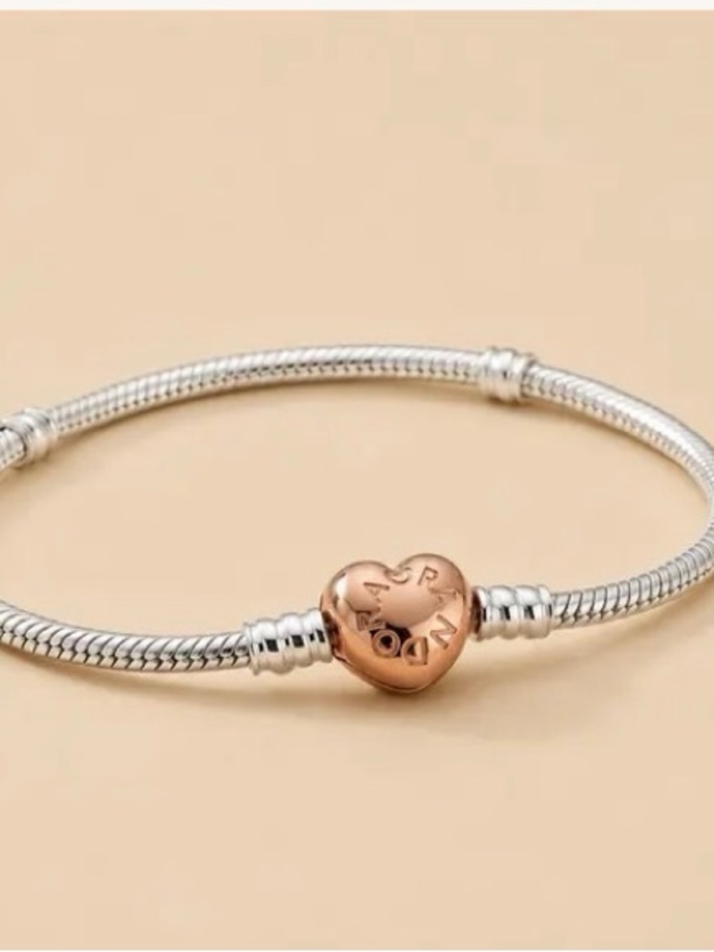 Pandora Rose Gold Heart Clasp Silver Snake Chain Bracelet - Pandora